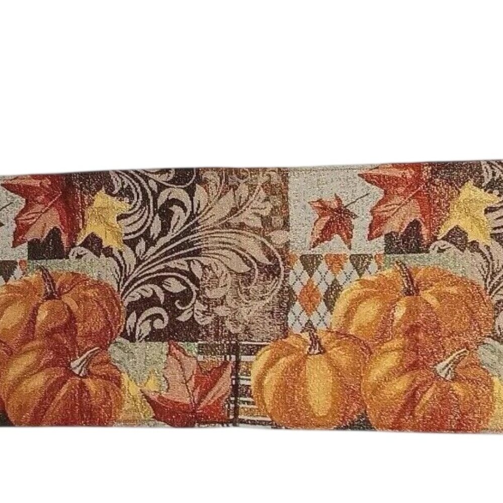 Halloween Autumn Pumpkin Table Runner Woven Tapestry Fall Leaf Gold Glitter 70"